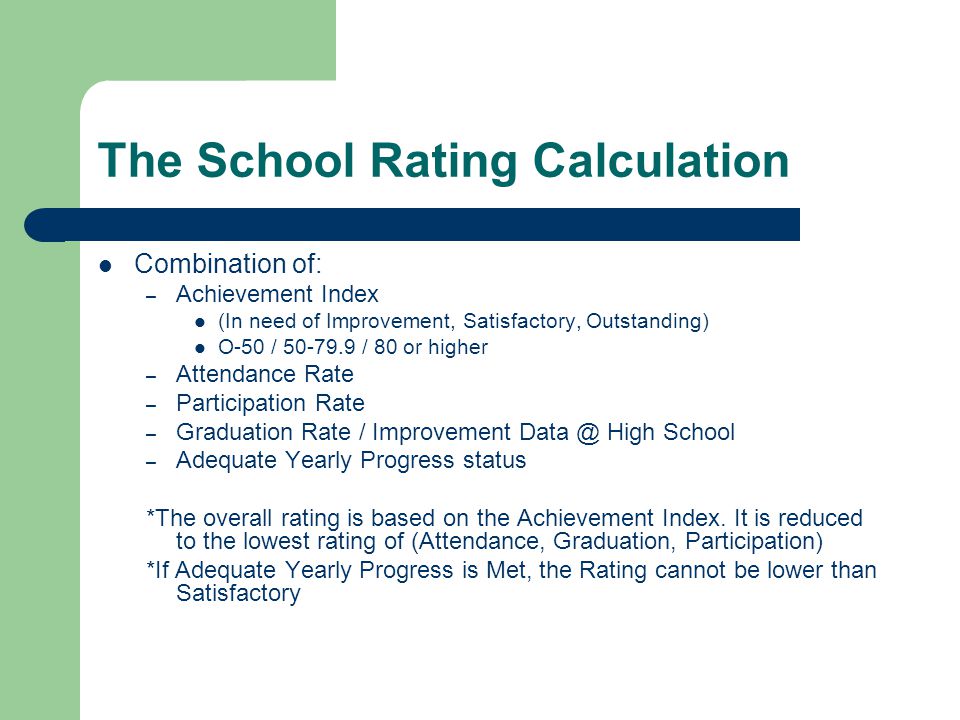 The School Rating Calculation Combination of: – Achievement Index (In need of Improvement, Satisfactory, Outstanding) O-50 / / 80 or higher – Attendance Rate – Participation Rate – Graduation Rate / Improvement High School – Adequate Yearly Progress status *The overall rating is based on the Achievement Index.