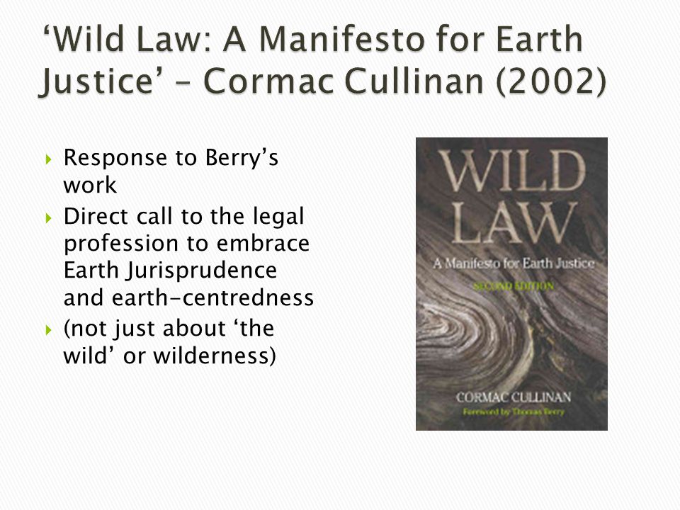  Response to Berry’s work  Direct call to the legal profession to embrace Earth Jurisprudence and earth-centredness  (not just about ‘the wild’ or wilderness)