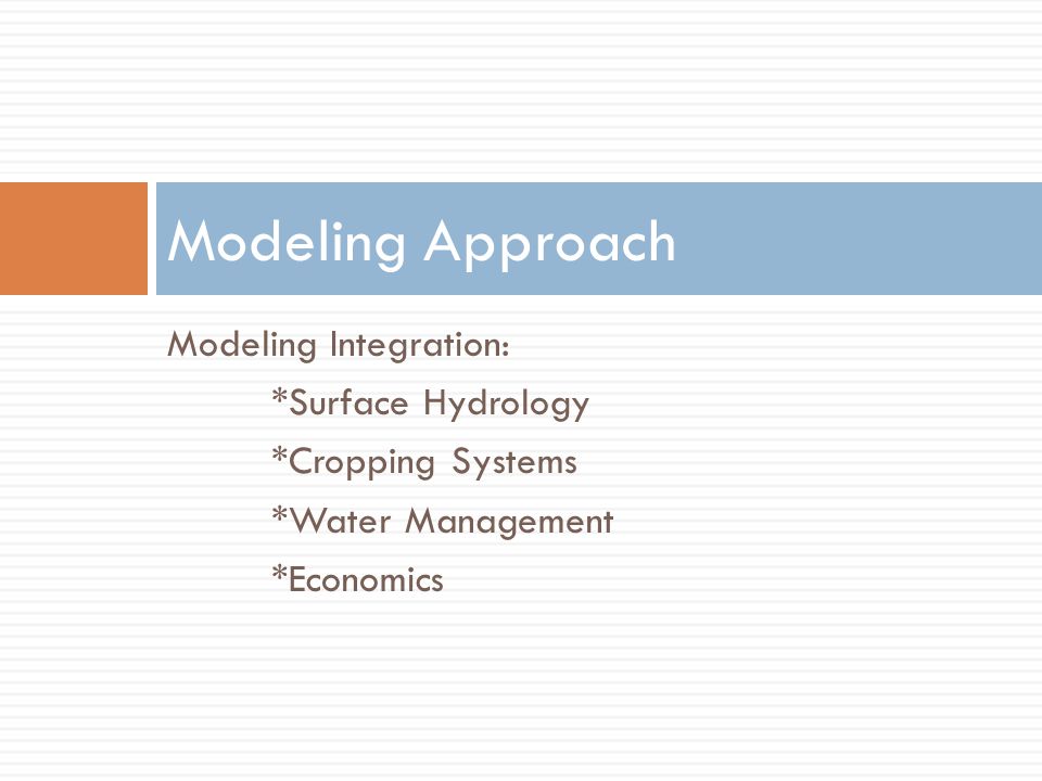 Modeling Integration: *Surface Hydrology *Cropping Systems *Water Management *Economics Modeling Approach