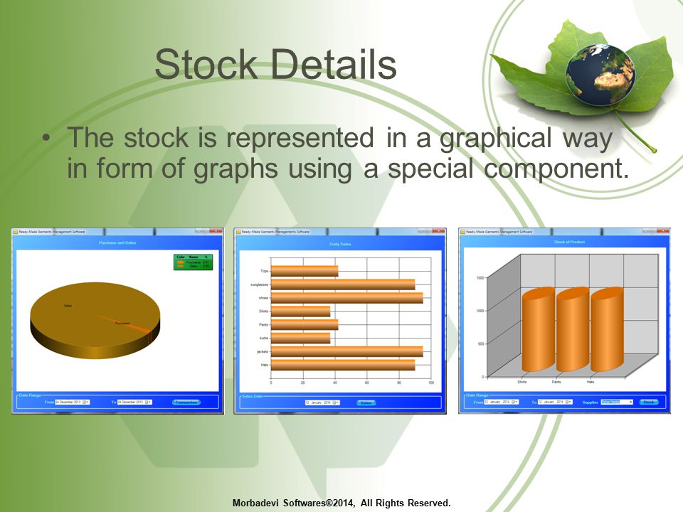 Stock Details The stock is represented in a graphical way in form of graphs using a special component.