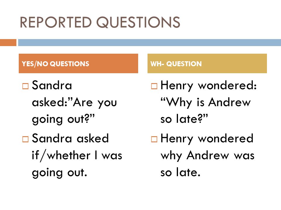 REPORTED QUESTIONS  Sandra asked: Are you going out  Sandra asked if/whether I was going out.