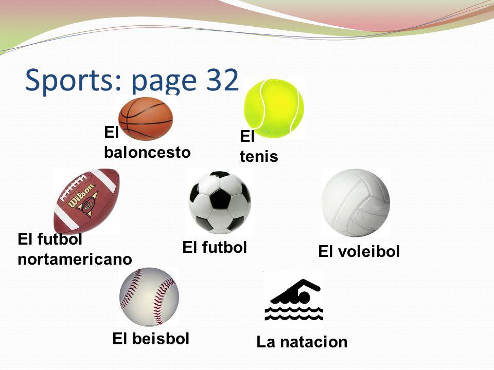 Sports: page 32 El baloncesto El tenis El futbol nortamericano El futbol El voleibol El beisbol La natacion