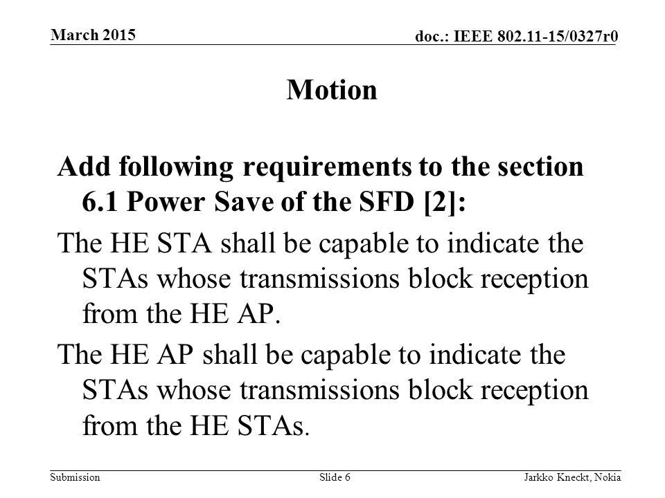Submission doc.: IEEE /0327r0 Motion Add following requirements to the section 6.1 Power Save of the SFD [2]: The HE STA shall be capable to indicate the STAs whose transmissions block reception from the HE AP.