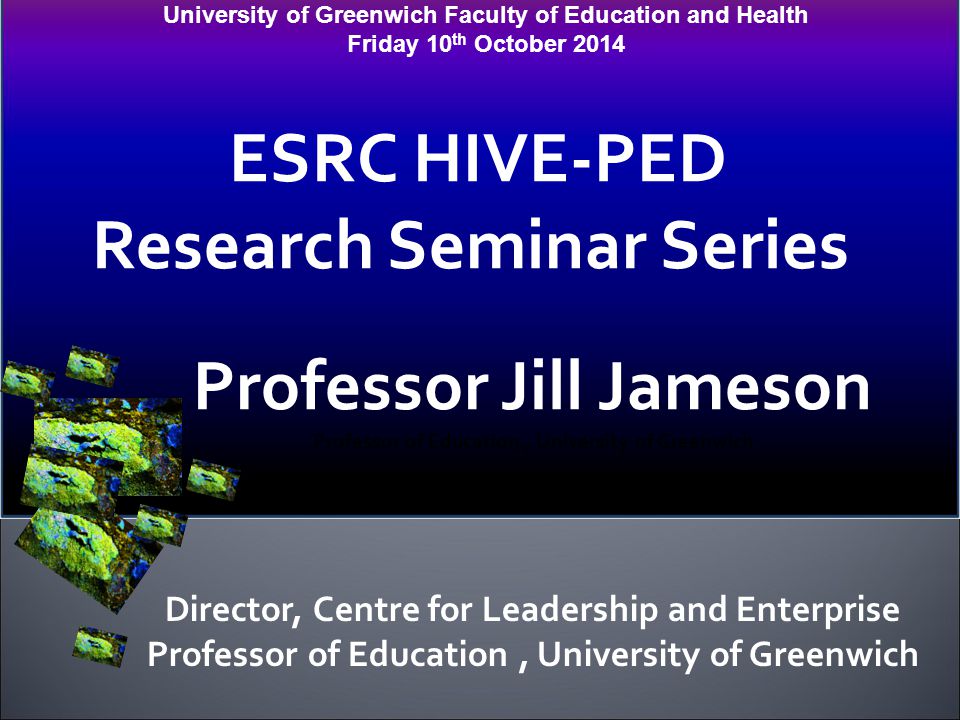 University of Greenwich Faculty of Education and Health Friday 10 th October 2014 ESRC HIVE-PED Research Seminar Series Professor Jill Jameson Professor of Education, University of Greenwich Director, Centre for Leadership and Enterprise Professor of Education, University of Greenwich