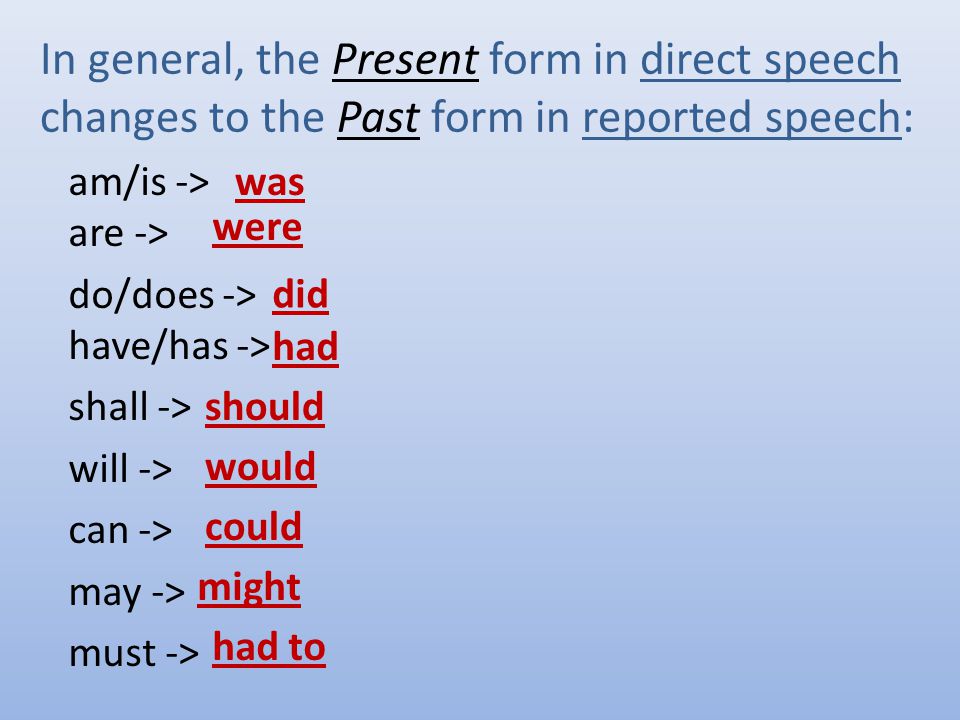 In general, the Present form in direct speech changes to the Past form in reported speech: am/is -> are -> do/does -> have/has -> shall -> will -> can -> may -> must -> was were did had would could should might had to