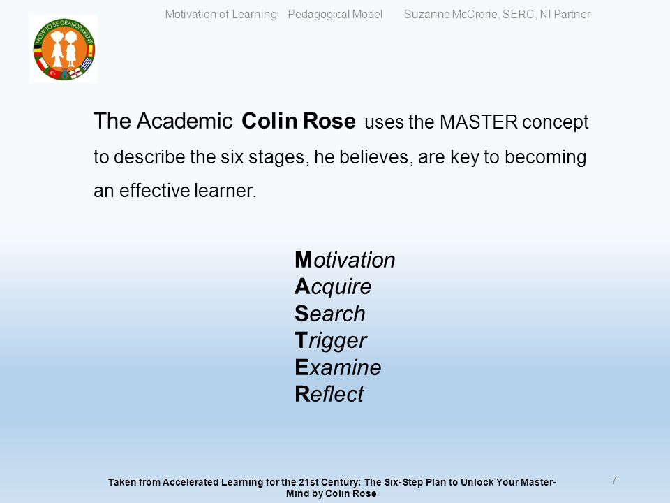 The Academic Colin Rose uses the MASTER concept to describe the six stages, he believes, are key to becoming an effective learner.