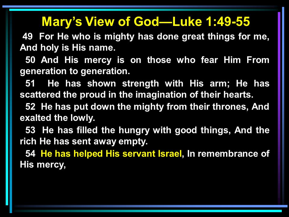 Mary’s View of God—Luke 1: For He who is mighty has done great things for me, And holy is His name.