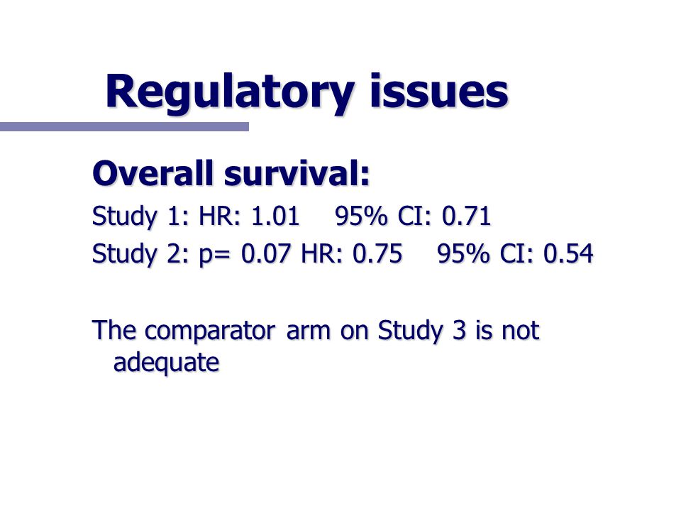 Regulatory issues Overall survival: Study 1: HR: % CI: 0.71 Study 2: p= 0.07 HR: % CI: 0.54 The comparator arm on Study 3 is not adequate