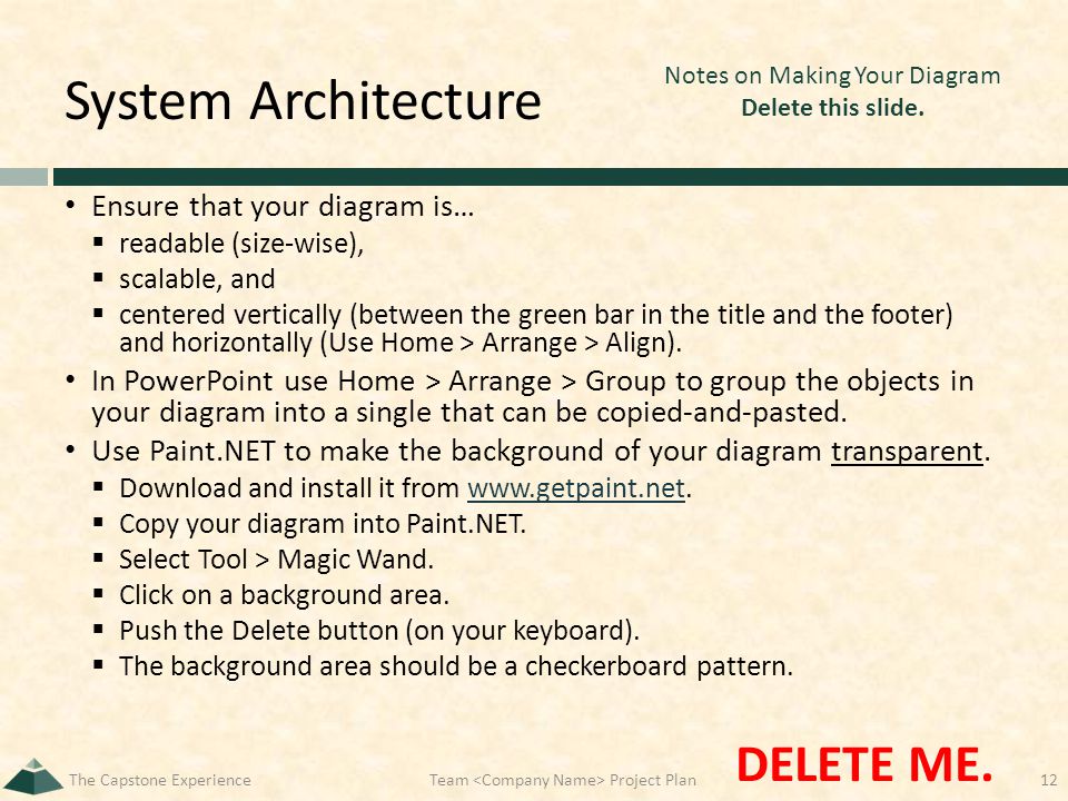System Architecture Ensure that your diagram is…  readable (size-wise),  scalable, and  centered vertically (between the green bar in the title and the footer) and horizontally (Use Home > Arrange > Align).