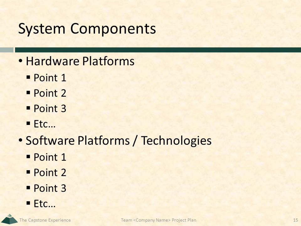 System Components Hardware Platforms  Point 1  Point 2  Point 3  Etc… Software Platforms / Technologies  Point 1  Point 2  Point 3  Etc… The Capstone ExperienceTeam Project Plan15