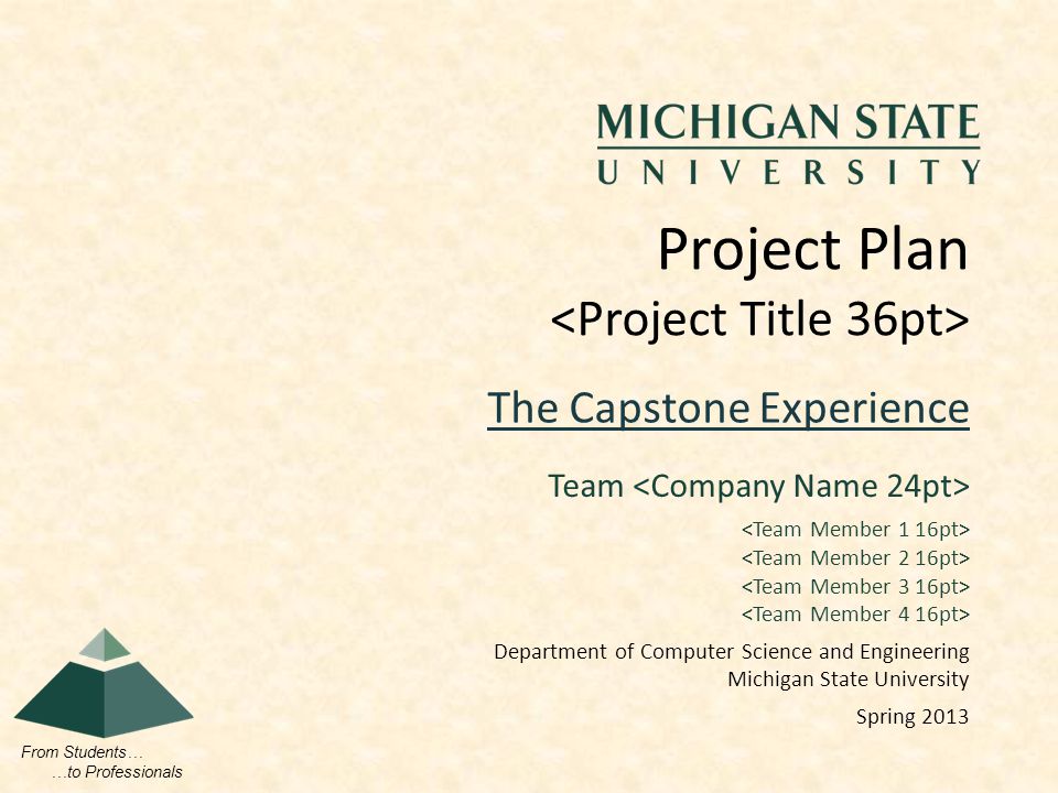 From Students… …to Professionals The Capstone Experience Project Plan Team Department of Computer Science and Engineering Michigan State University Spring 2013