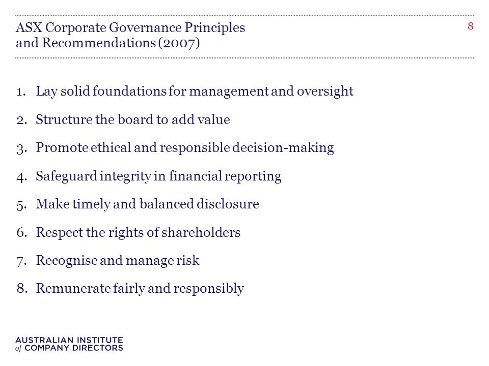 ASX Corporate Governance Principles and Recommendations (2007) 1.