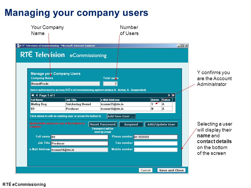 Your Company Name Number of Users Y confirms you are the Account Administrator Managing your company users Selecting a user will display their name and contact details on the bottom of the screen RTÉ eCommissioning