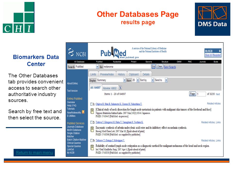 Biomarkers Data Center The Other Databases tab provides convenient access to search other authoritative industry sources.