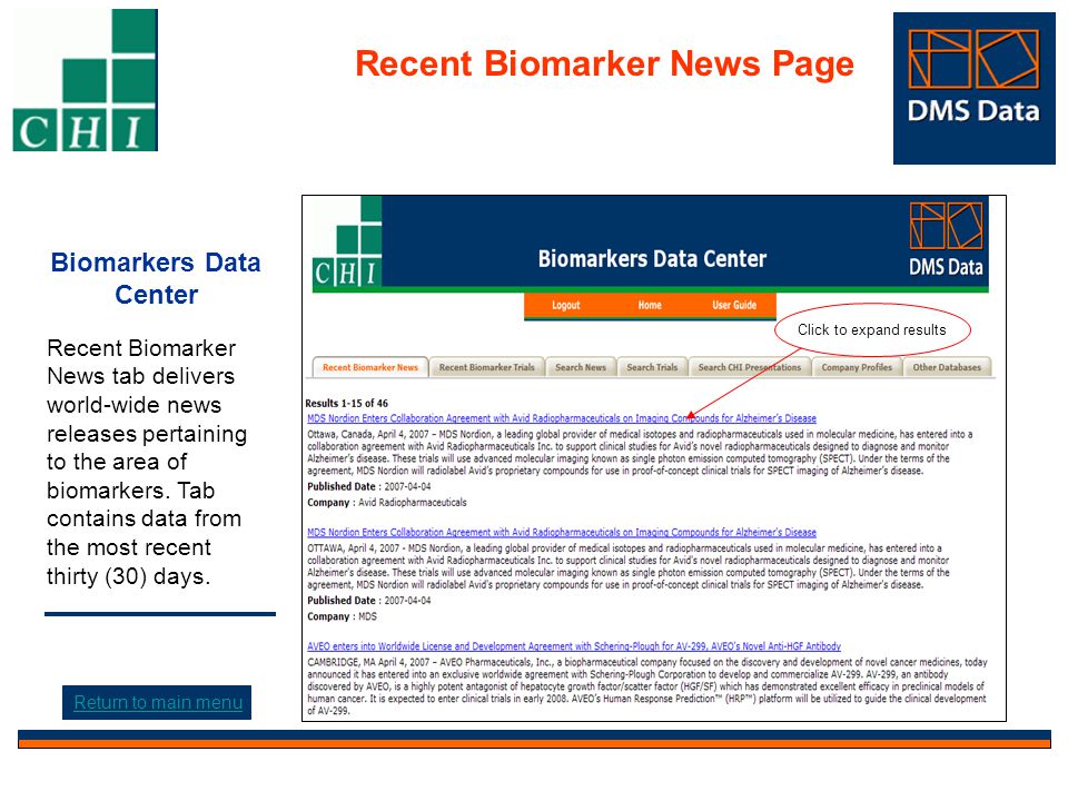 Biomarkers Data Center Recent Biomarker News tab delivers world-wide news releases pertaining to the area of biomarkers.