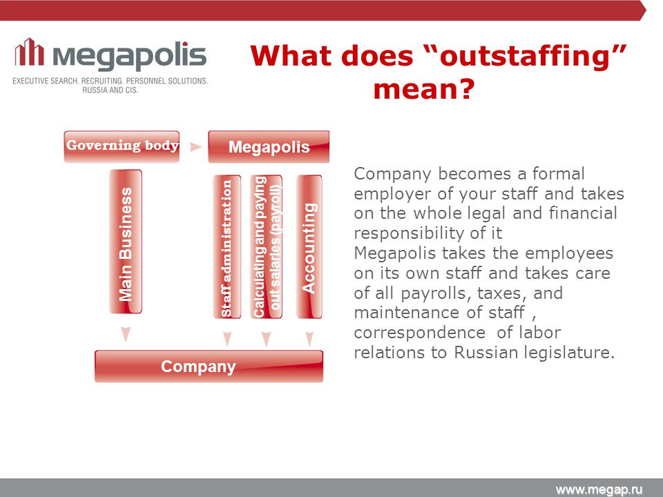 Company becomes a formal employer of your staff and takes on the whole legal and financial responsibility of it Megapolis takes the employees on its own staff and takes care of all payrolls, taxes, and maintenance of staff, correspondence of labor relations to Russian legislature.