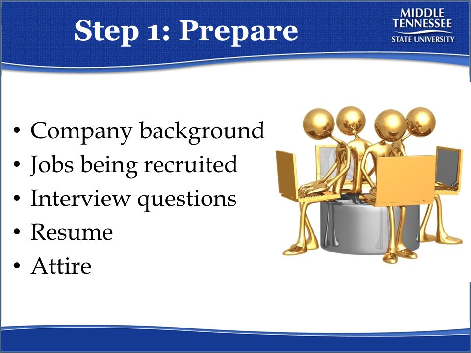 Step 1: Prepare Company background Jobs being recruited Interview questions Resume Attire
