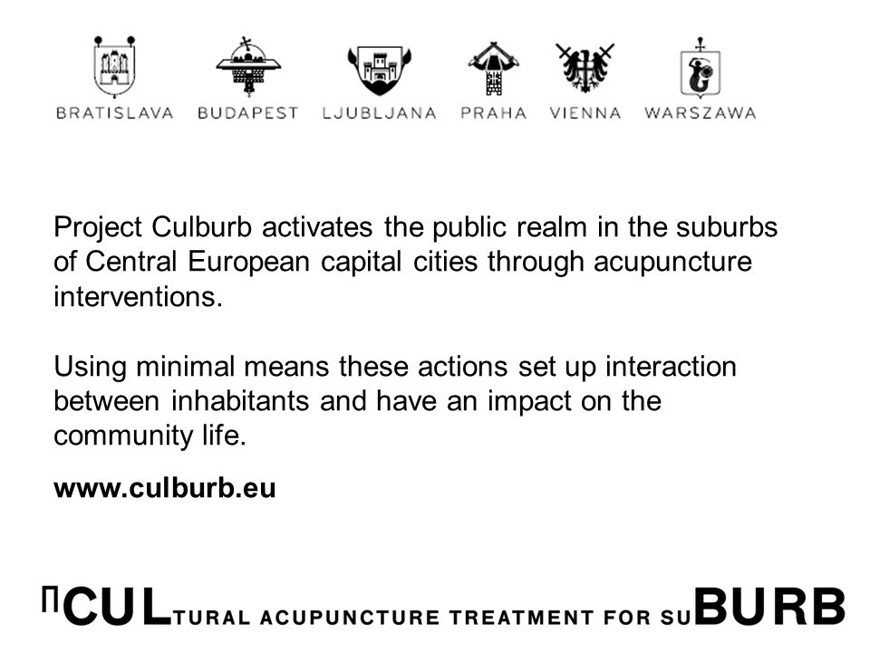 Project Culburb activates the public realm in the suburbs of Central European capital cities through acupuncture interventions.