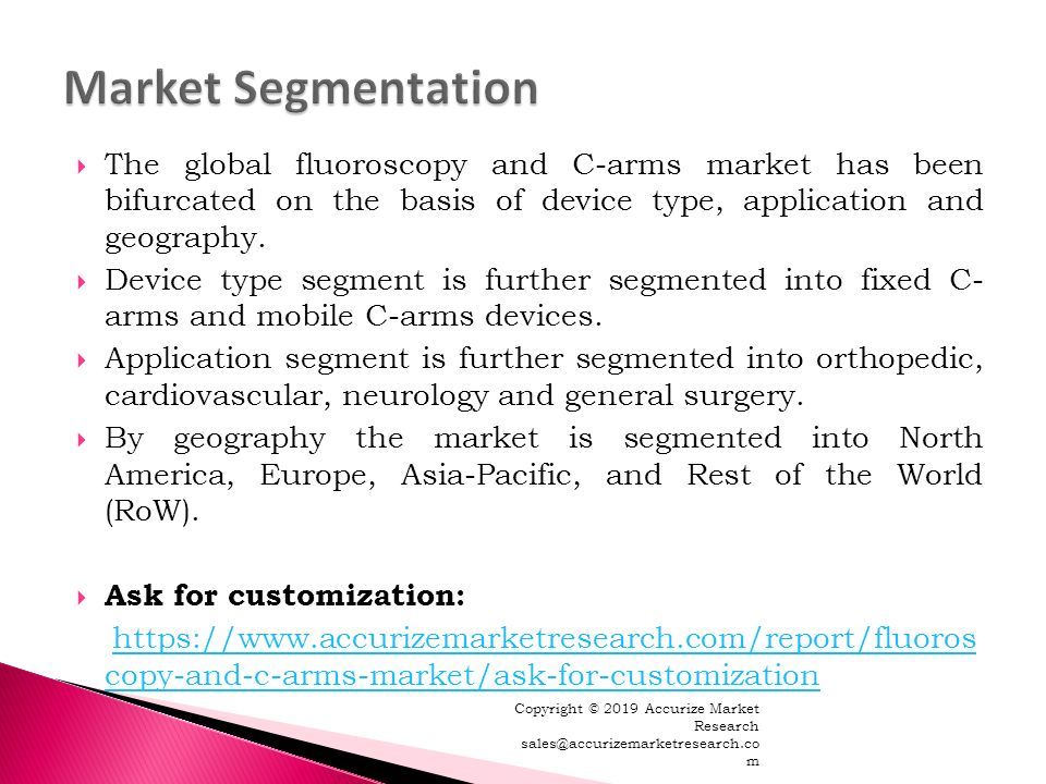  The global fluoroscopy and C-arms market has been bifurcated on the basis of device type, application and geography.