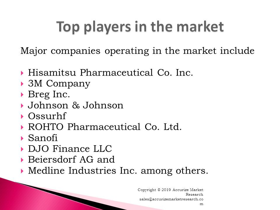 Major companies operating in the market include  Hisamitsu Pharmaceutical Co.