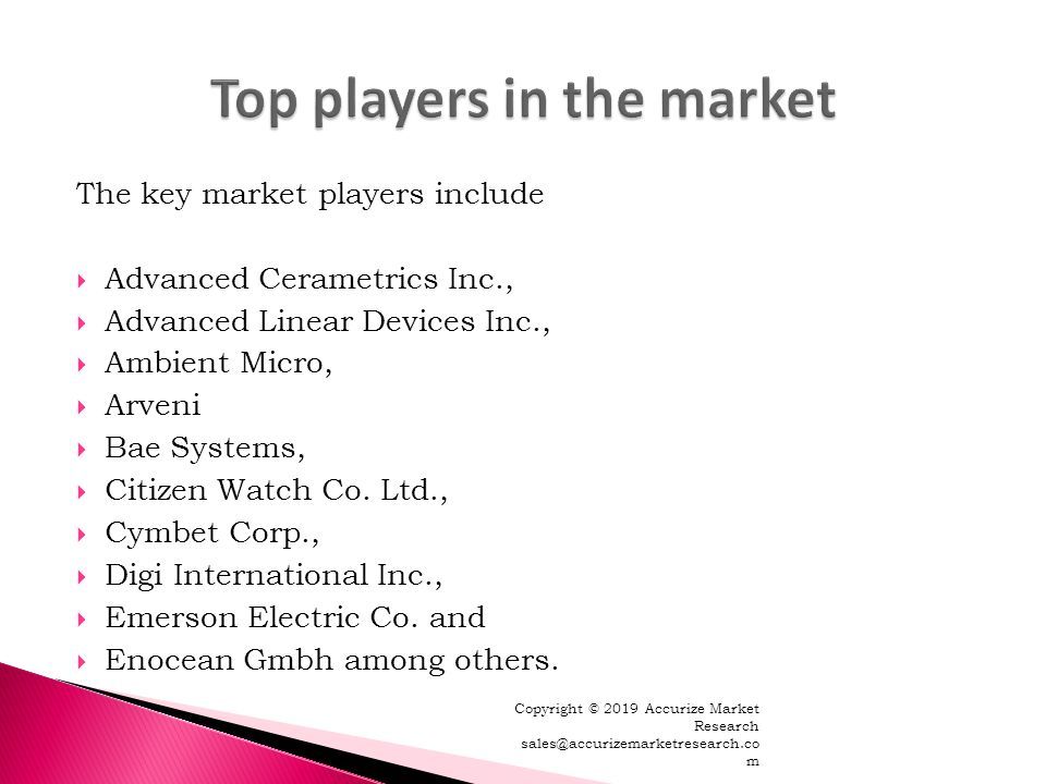 The key market players include  Advanced Cerametrics Inc.,  Advanced Linear Devices Inc.,  Ambient Micro,  Arveni  Bae Systems,  Citizen Watch Co.