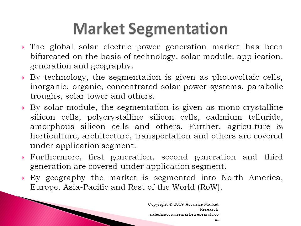  The global solar electric power generation market has been bifurcated on the basis of technology, solar module, application, generation and geography.