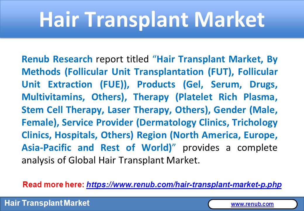 Spinal Muscular Atrophy Market   Read more here:   Hair Transplant Market Renub Research report titled Hair Transplant Market, By Methods (Follicular Unit Transplantation (FUT), Follicular Unit Extraction (FUE)), Products (Gel, Serum, Drugs, Multivitamins, Others), Therapy (Platelet Rich Plasma, Stem Cell Therapy, Laser Therapy, Others), Gender (Male, Female), Service Provider (Dermatology Clinics, Trichology Clinics, Hospitals, Others) Region (North America, Europe, Asia-Pacific and Rest of World) provides a complete analysis of Global Hair Transplant Market.