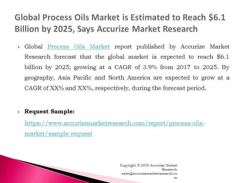  Global Process Oils Market report published by Accurize Market Research forecast that the global market is expected to reach $6.1 billion by 2025; growing at a CAGR of 3.9% from 2017 to 2025.