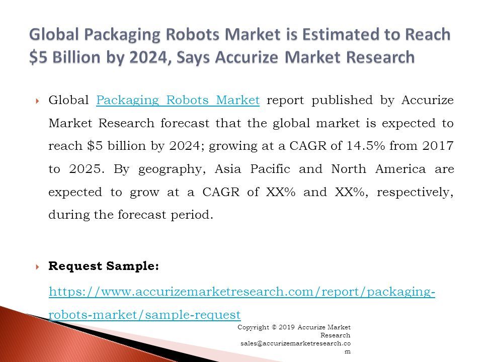  Global Packaging Robots Market report published by Accurize Market Research forecast that the global market is expected to reach $5 billion by 2024; growing at a CAGR of 14.5% from 2017 to 2025.