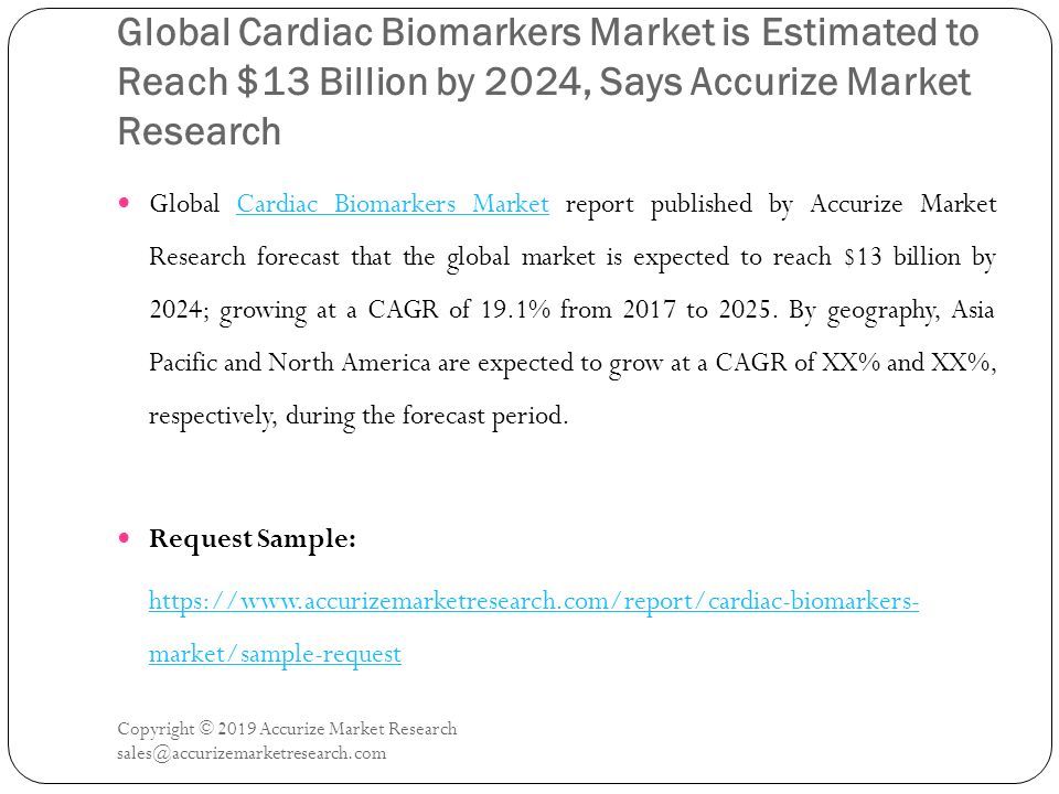 Global Cardiac Biomarkers Market is Estimated to Reach $13 Billion by 2024, Says Accurize Market Research Copyright © 2019 Accurize Market Research Global Cardiac Biomarkers Market report published by Accurize Market Research forecast that the global market is expected to reach $13 billion by 2024; growing at a CAGR of 19.1% from 2017 to 2025.