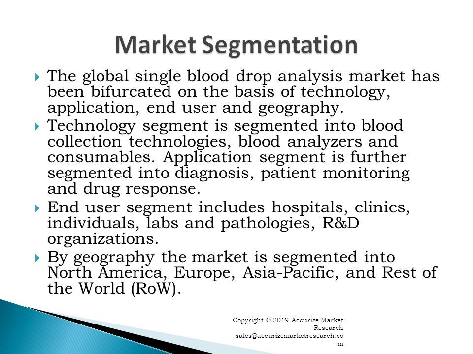  The global single blood drop analysis market has been bifurcated on the basis of technology, application, end user and geography.