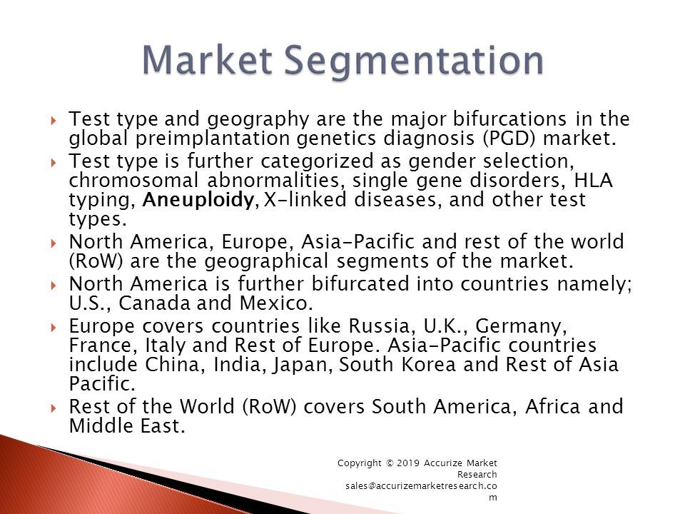  Test type and geography are the major bifurcations in the global preimplantation genetics diagnosis (PGD) market.