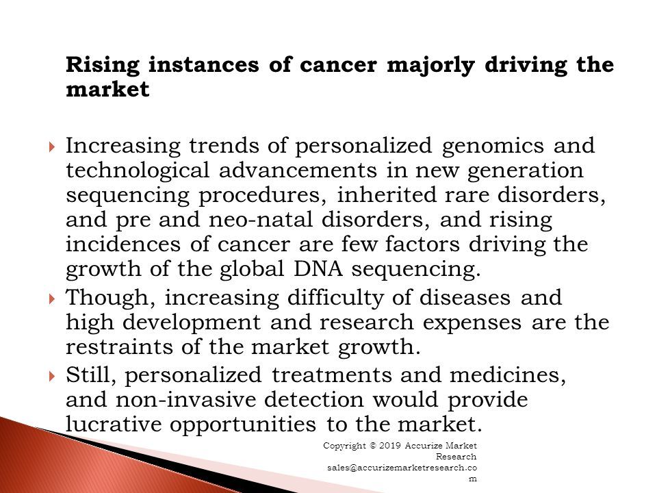 Rising instances of cancer majorly driving the market  Increasing trends of personalized genomics and technological advancements in new generation sequencing procedures, inherited rare disorders, and pre and neo-natal disorders, and rising incidences of cancer are few factors driving the growth of the global DNA sequencing.