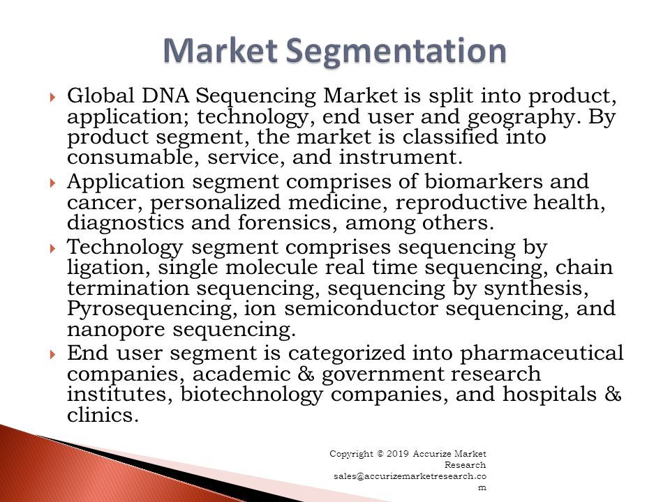  Global DNA Sequencing Market is split into product, application; technology, end user and geography.