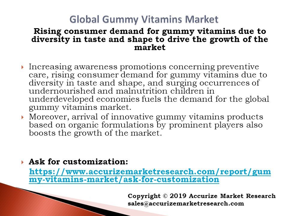 Rising consumer demand for gummy vitamins due to diversity in taste and shape to drive the growth of the market  Increasing awareness promotions concerning preventive care, rising consumer demand for gummy vitamins due to diversity in taste and shape, and surging occurrences of undernourished and malnutrition children in underdeveloped economies fuels the demand for the global gummy vitamins market.