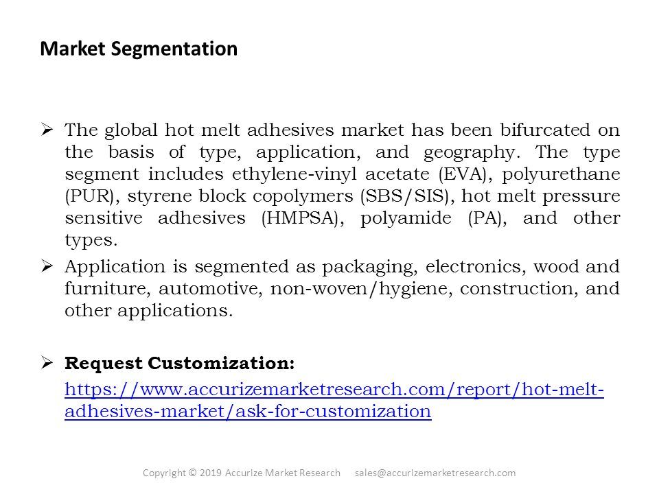 Market Segmentation  The global hot melt adhesives market has been bifurcated on the basis of type, application, and geography.