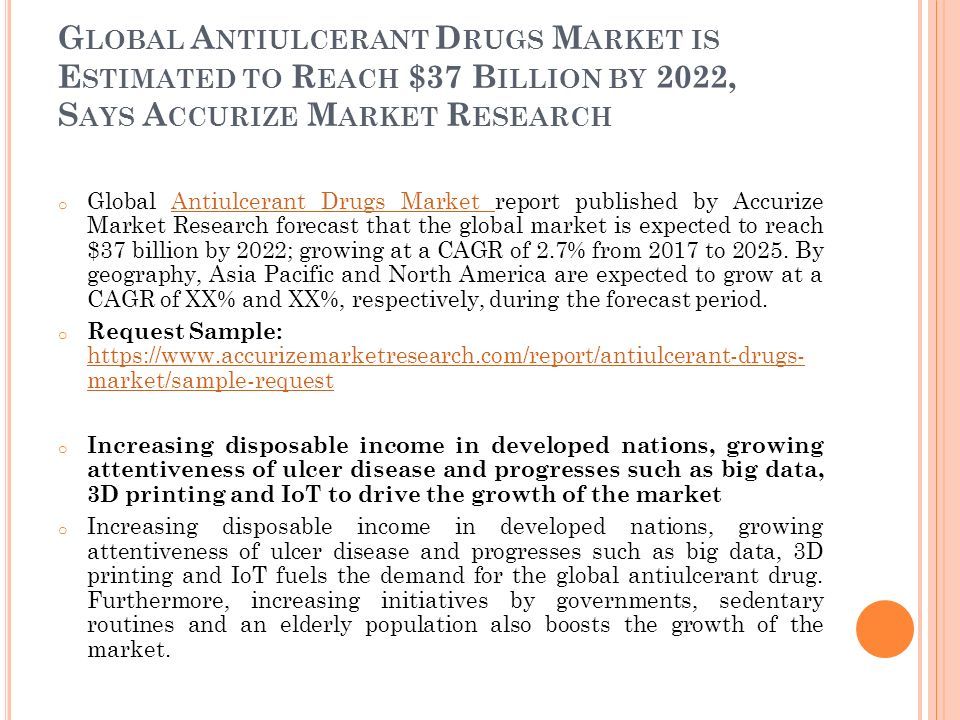 G LOBAL A NTIULCERANT D RUGS M ARKET IS E STIMATED TO R EACH $37 B ILLION BY 2022, S AYS A CCURIZE M ARKET R ESEARCH o Global Antiulcerant Drugs Market report published by Accurize Market Research forecast that the global market is expected to reach $37 billion by 2022; growing at a CAGR of 2.7% from 2017 to 2025.