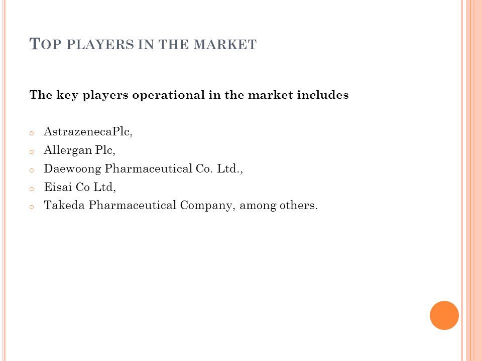 T OP PLAYERS IN THE MARKET The key players operational in the market includes o AstrazenecaPlc, o Allergan Plc, o Daewoong Pharmaceutical Co.
