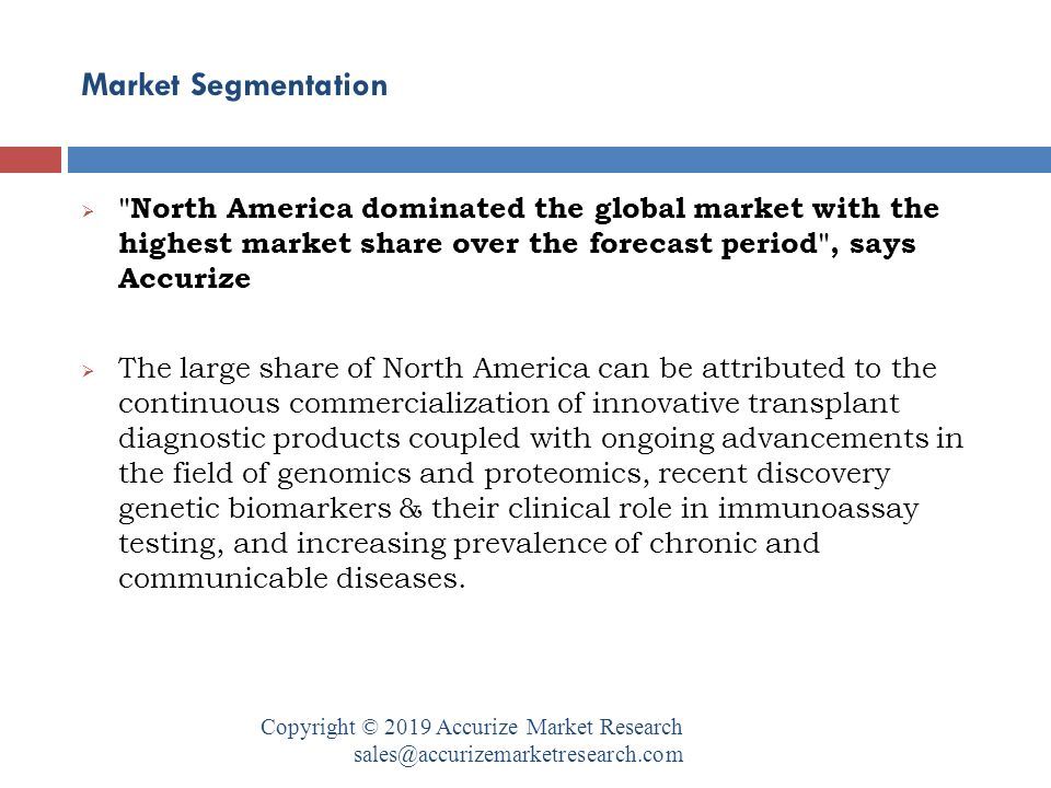 Market Segmentation Copyright © 2019 Accurize Market Research  North America dominated the global market with the highest market share over the forecast period , says Accurize  The large share of North America can be attributed to the continuous commercialization of innovative transplant diagnostic products coupled with ongoing advancements in the field of genomics and proteomics, recent discovery genetic biomarkers & their clinical role in immunoassay testing, and increasing prevalence of chronic and communicable diseases.