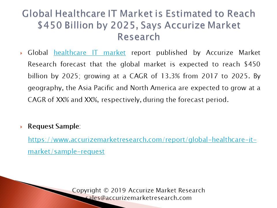  Global healthcare IT market report published by Accurize Market Research forecast that the global market is expected to reach $450 billion by 2025; growing at a CAGR of 13.3% from 2017 to 2025.