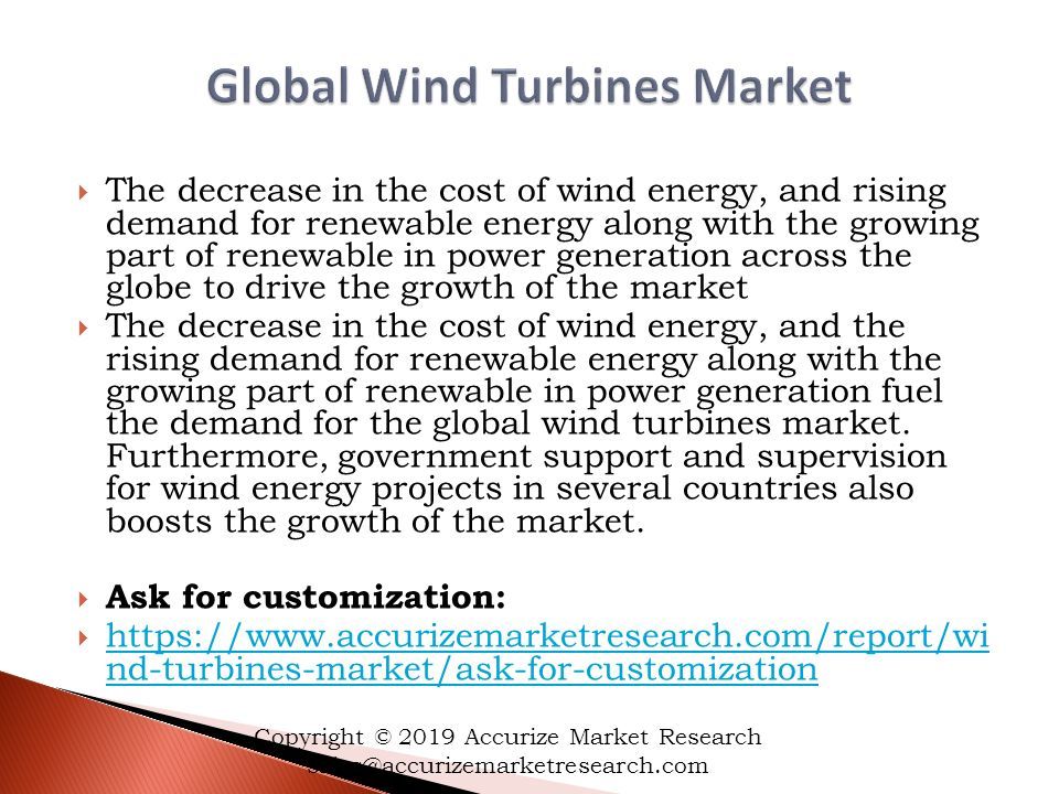  The decrease in the cost of wind energy, and rising demand for renewable energy along with the growing part of renewable in power generation across the globe to drive the growth of the market  The decrease in the cost of wind energy, and the rising demand for renewable energy along with the growing part of renewable in power generation fuel the demand for the global wind turbines market.