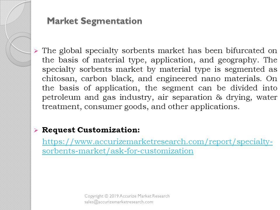 Market Segmentation  The global specialty sorbents market has been bifurcated on the basis of material type, application, and geography.