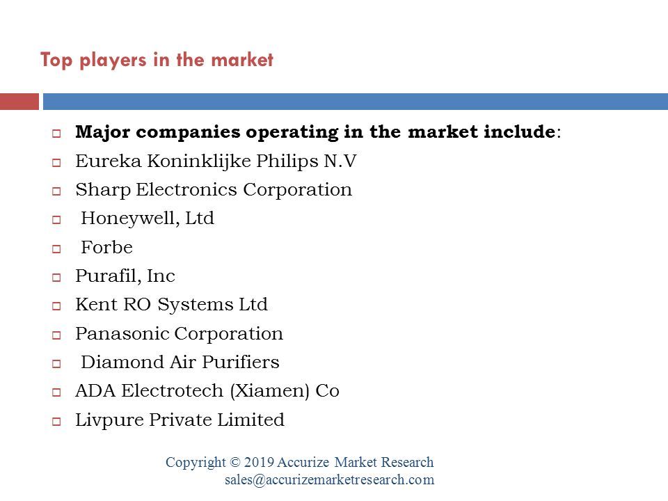 Top players in the market Copyright © 2019 Accurize Market Research  Major companies operating in the market include :  Eureka Koninklijke Philips N.V  Sharp Electronics Corporation  Honeywell, Ltd  Forbe  Purafil, Inc  Kent RO Systems Ltd  Panasonic Corporation  Diamond Air Purifiers  ADA Electrotech (Xiamen) Co  Livpure Private Limited