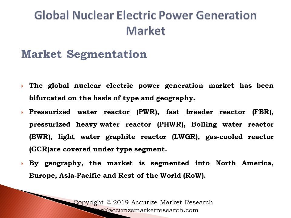 Market Segmentation  The global nuclear electric power generation market has been bifurcated on the basis of type and geography.