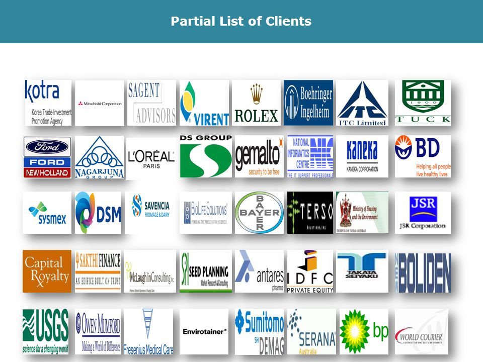 A partial List of our Clients We are the trusted business partners to the world s leading corporates, governments, and institutions Partial List of Clients