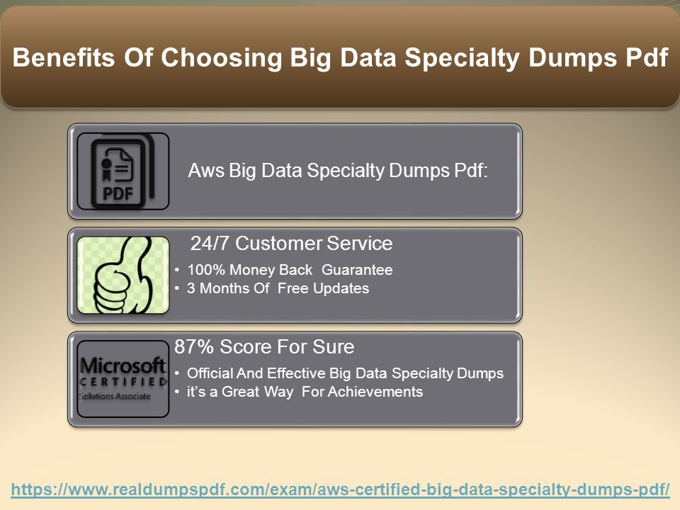 Aws Big Data Specialty Dumps Pdf: 24/7 Customer Service 100% Money Back Guarantee 3 Months Of Free Updates 87% Score For Sure Official And Effective Big Data Specialty Dumps it’s a Great Way For Achievements Benefits Of Choosing Big Data Specialty Dumps Pdf