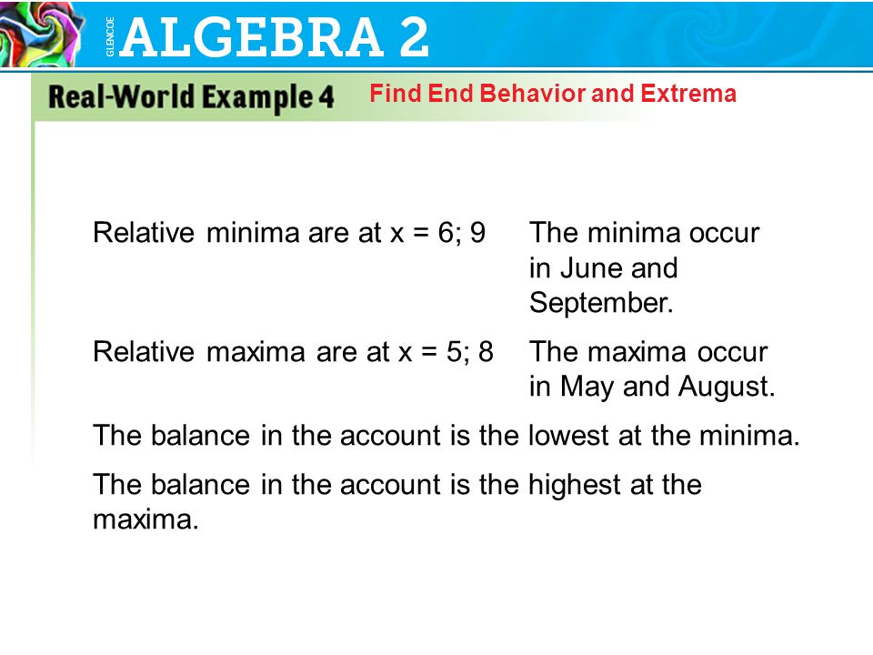Real-World Example 4 Find End Behavior and Extrema Relative minima are at x = 6; 9The minima occur in June and September.