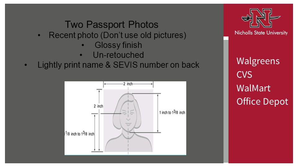 Walgreens CVS WalMart Office Depot Two Passport Photos Recent photo (Don’t use old pictures) Glossy finish Un-retouched Lightly print name & SEVIS number on back