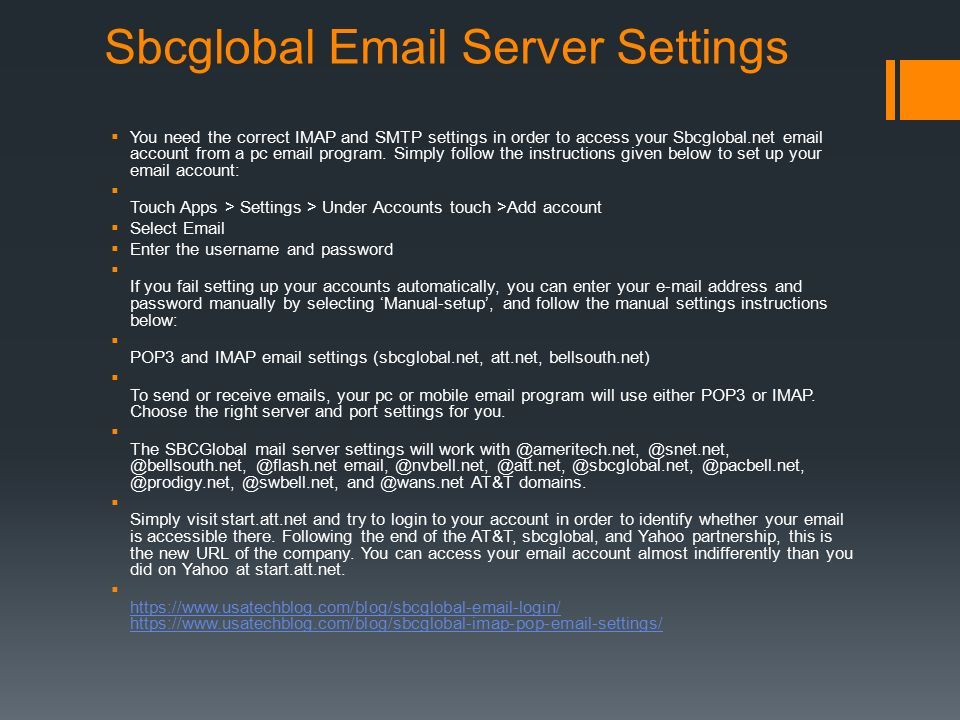 Resolve sbcglobal server settings issue southwestern bell