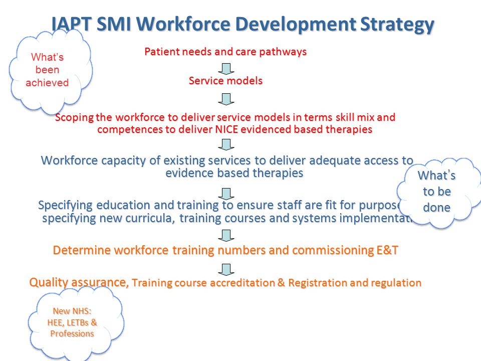 IAPT SMI Workforce Development Strategy Patient needs and care pathways Service models Scoping the workforce to deliver service models in terms skill mix and competences to deliver NICE evidenced based therapies Workforce capacity of existing services to deliver adequate access to evidence based therapies Workforce capacity of existing services to deliver adequate access to evidence based therapies Specifying education and training to ensure staff are fit for purpose – specifying new curricula, training courses and systems implementation Determine workforce training numbers and commissioning E&T Quality assurance, Training course accreditation & Registration and regulation What’s been achieved What’s to be done New NHS: HEE, LETBs & Professions New NHS: HEE, LETBs & Professions